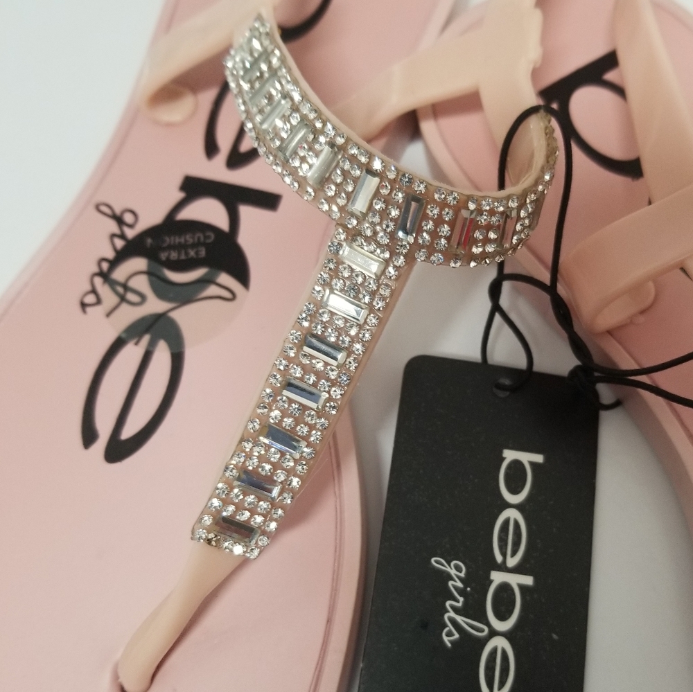 Bebe Girl's Blush T-Strap Slingback Sandals with Sparkly Rhinestones L 2-3 - Picture 5 of 11